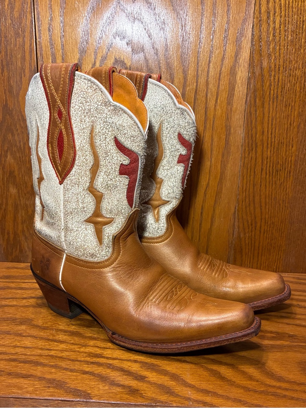 Y2K Frye Lilly Western Underlay Crackle & Shimmer Tan Leather Cowboy Boots Sz 8